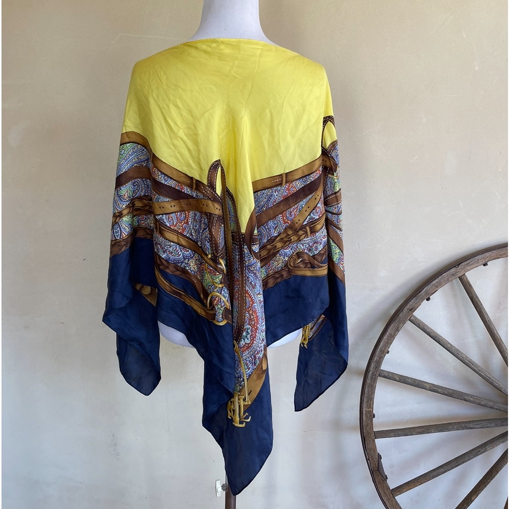 RALPH LAUREN Equestrian English Riding Theme Yellow Blue 100% Silk Poncho Scarf - Picture 3 of 11